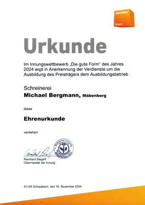Darstellung der Urkunde Innungswettbewerb die gute Form