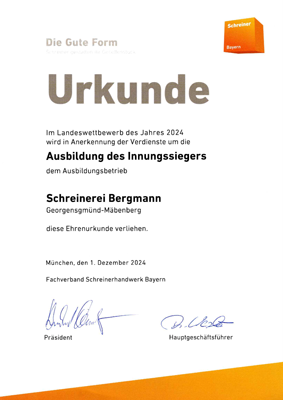 Darstellung der Urkunde Landeswettbewerb Innungssieger