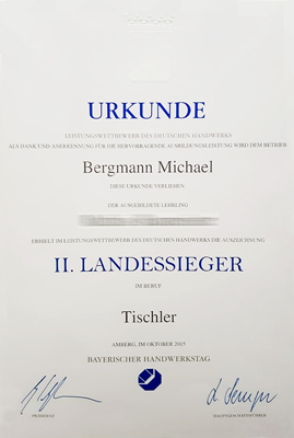 Darstellung der Urkunde zweiter Landessieger Tischler